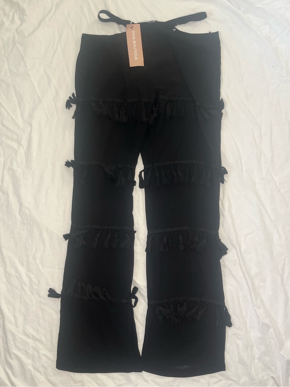 Women's Black Straight-Leg Jeans with Tassel Trim